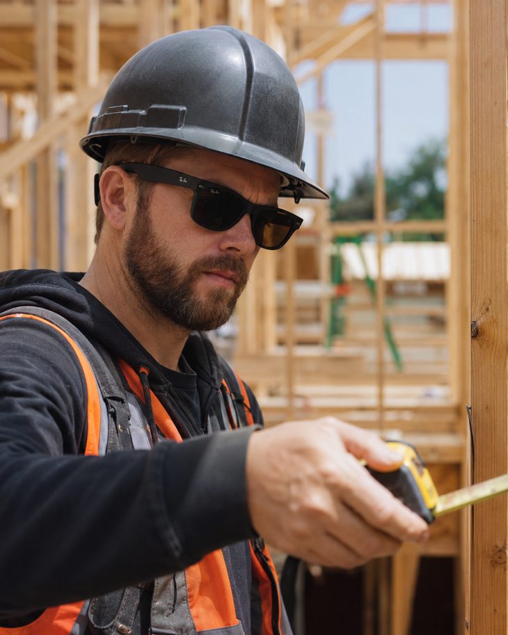 Field crew member measuring lumber on a job site while the task is captured for a standard operating procedure